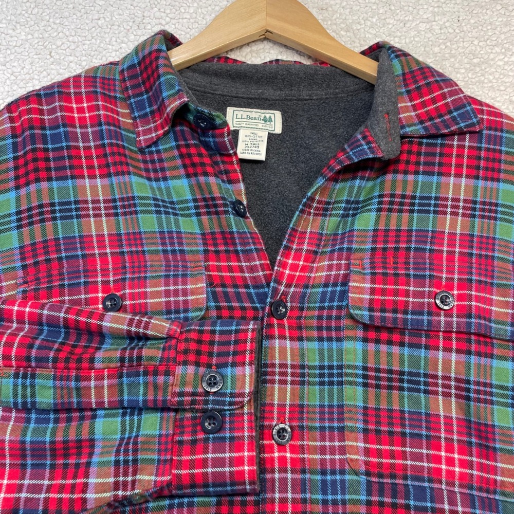 L.L. Bean Flannel Mens M-Tall Red Plaid Fleece Lined Shirt Jacket 252749 Warm